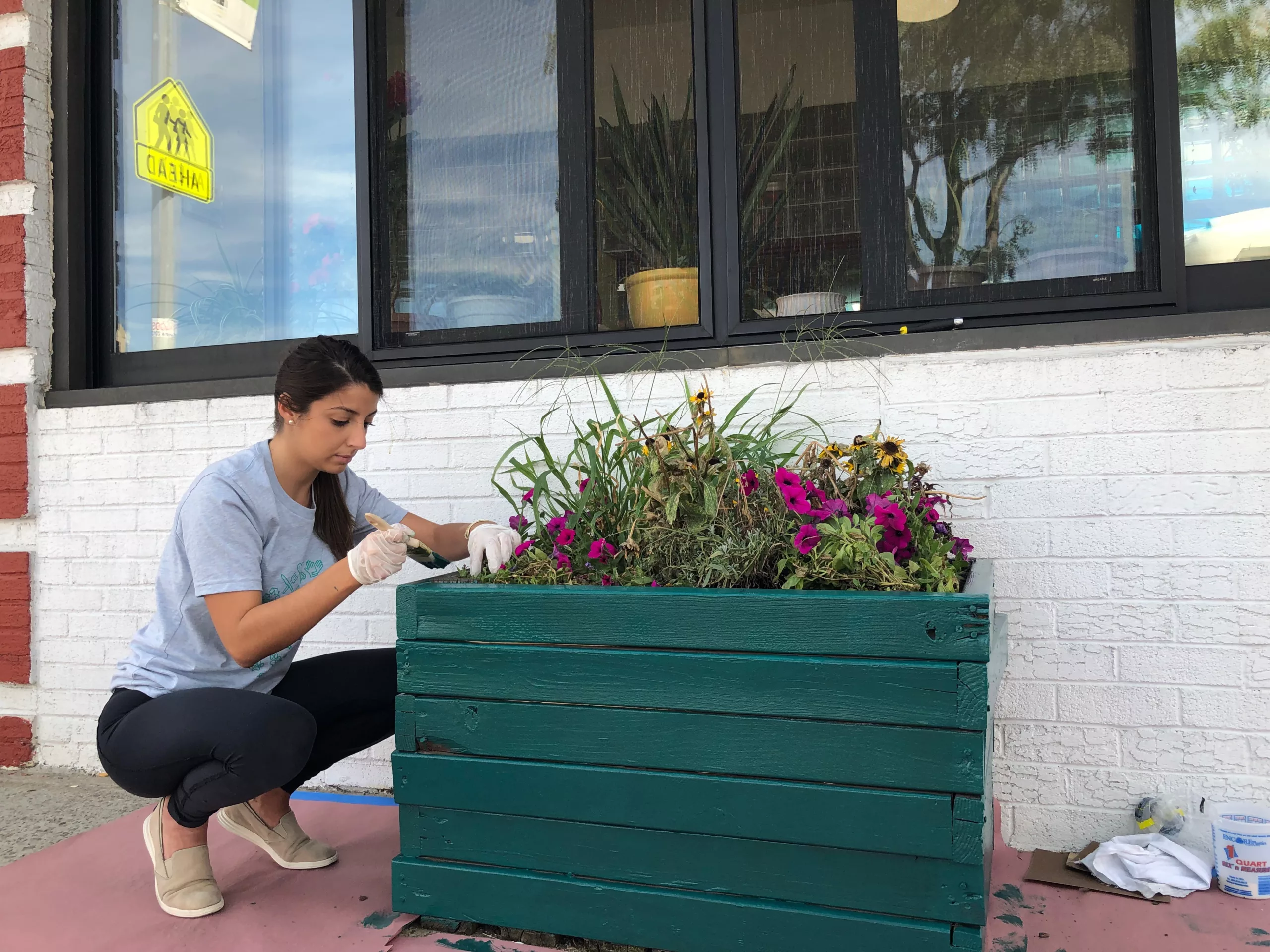 Volunteer works to paint the flower boxes outside of the Senior Center.